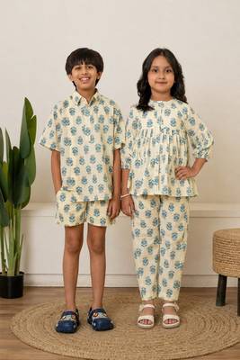 Off white, cream & white printed cotton co-ord set brother sister matching combo 1