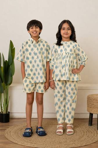 Off white, cream & white printed cotton co-ord set brother sister matching combo