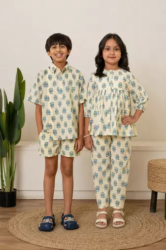 Off white, cream & white printed cotton co-ord set brother sister matching combo