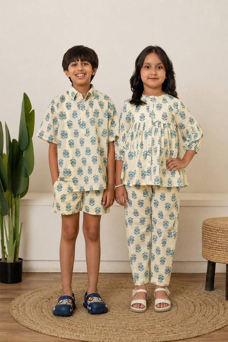 Off white, cream & white printed cotton co-ord set brother sister matching combo