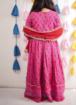 Pink block printed chanderi anarkali set & kurta jacket brother sister matching combo 2