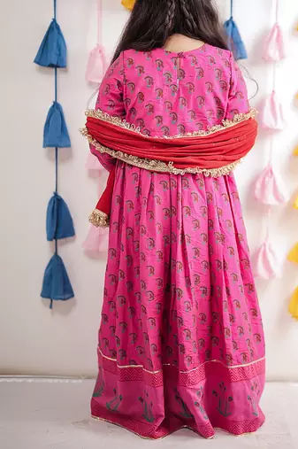 Pink block printed chanderi anarkali set & kurta jacket brother sister matching combo
