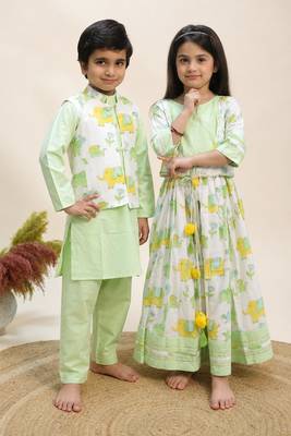 Green printed cotton lehenga choli & kurta jacket brother sister matching combo 1