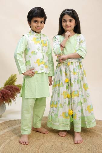 Green printed cotton lehenga choli & kurta jacket brother sister matching combo