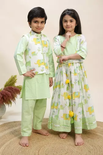 Green printed cotton lehenga choli & kurta jacket brother sister matching combo