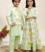 Green printed cotton lehenga choli & kurta jacket brother sister matching combo