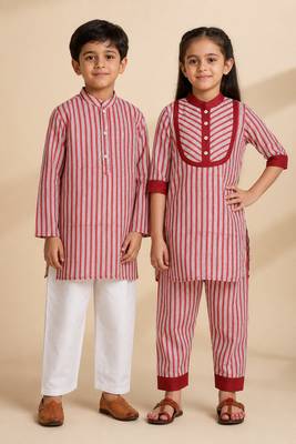 Red & multicolor printed cotton kurta set & kurta pant brother sister matching combo 1