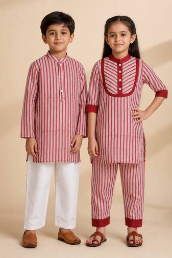 Red & multicolor printed cotton kurta set & kurta pant brother sister matching combo