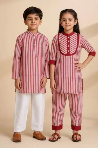 Red & multicolor printed cotton kurta set & kurta pant brother sister matching combo