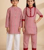 Red & multicolor printed cotton kurta set & kurta pant brother sister matching combo
