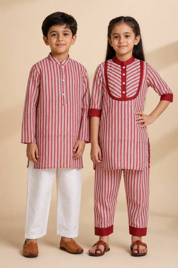 Red & multicolor printed cotton kurta set & kurta pant brother sister matching combo