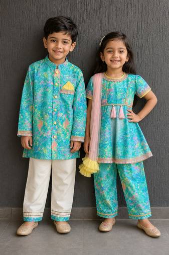 Blue & multicolor printed cotton silk kurta set & kurta pyjama brother sister matching combo