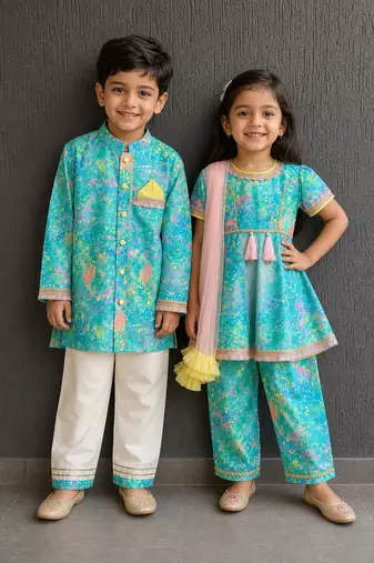 Blue & multicolor printed cotton silk kurta set & kurta pyjama brother sister matching combo
