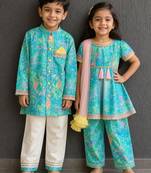 Blue & multicolor printed cotton silk kurta set & kurta pyjama brother sister matching combo