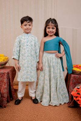 White block printed crepe & cotton silk skirt set & kurta pyjama brother sister matching combo 1