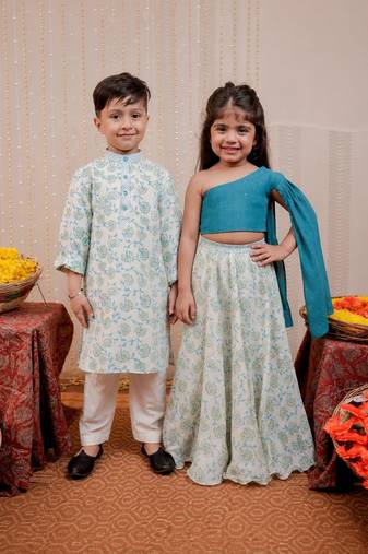 White block printed crepe & cotton silk skirt set & kurta pyjama brother sister matching combo