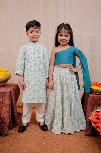 White block printed crepe & cotton silk skirt set & kurta pyjama brother sister matching combo