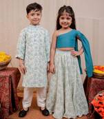 White block printed crepe & cotton silk skirt set & kurta pyjama brother sister matching combo