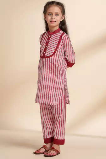 Red & multicolor printed cotton kurta set & kurta pant brother sister matching combo