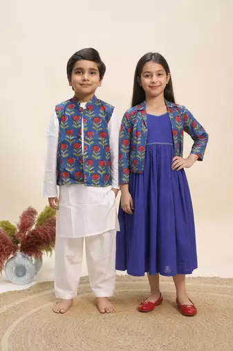 Blue printed cotton dress & kurta jacket brother sister matching combo