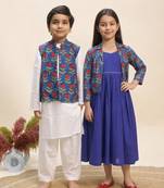 Blue printed cotton dress & kurta jacket brother sister matching combo