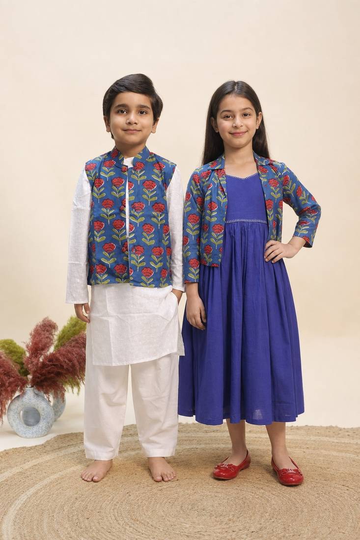 Blue printed cotton dress & kurta jacket brother sister matching combo