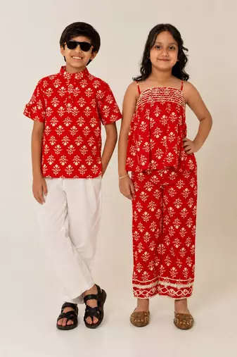 Crimson red printed cotton co-ord set brother sister matching combo