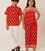 Crimson red printed cotton co-ord set brother sister matching combo