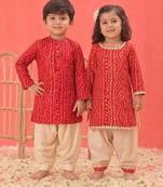 Red printed rayon kurta patiala set & kurta pyjama brother sister matching combo