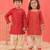 Red printed rayon kurta patiala set & kurta pyjama brother sister matching combo