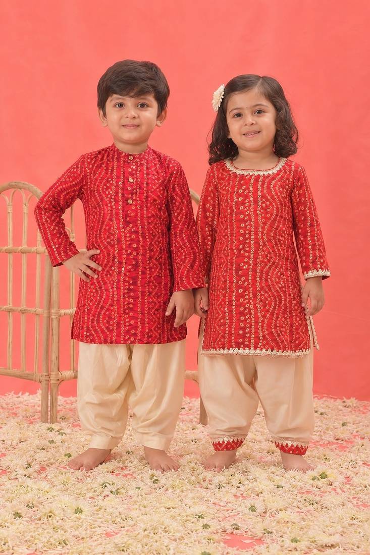 Red printed rayon kurta patiala set & kurta pyjama brother sister matching combo