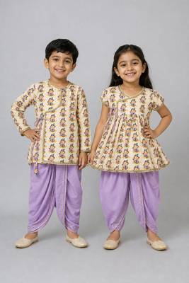 White & yellow printed cotton silk dhoti kurta (purple dhoti) brother sister matching combo 1