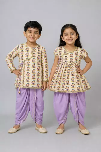 White & yellow printed cotton silk dhoti kurta (purple dhoti) brother sister matching combo