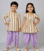 White & yellow printed cotton silk dhoti kurta (purple dhoti) brother sister matching combo