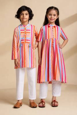 Multicolor printed cotton kurta set & kurta pant brother sister matching combo 1