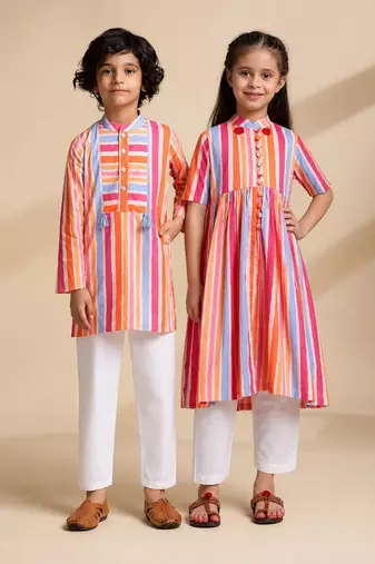 Multicolor printed cotton kurta set & kurta pant brother sister matching combo