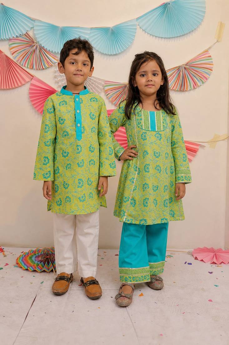Green printed cotton kurta set & kurta pyjama brother sister matching combo