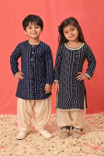 Navy blue printed & bandhani rayon kurta patiala set & kurta pyjama brother sister matching combo