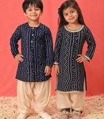 Navy blue printed & bandhani rayon kurta patiala set & kurta pyjama brother sister matching combo