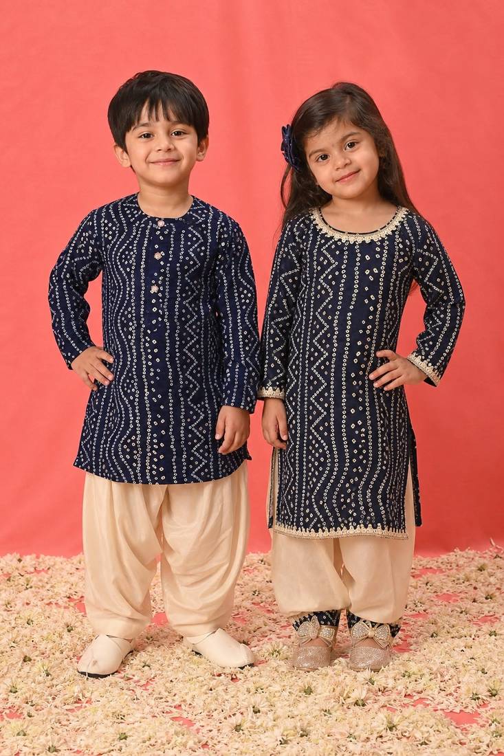 Navy blue printed & bandhani rayon kurta patiala set & kurta pyjama brother sister matching combo
