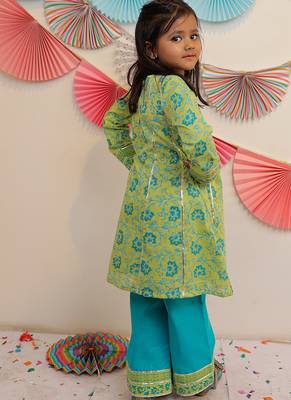 Green printed cotton kurta set & kurta pyjama brother sister matching combo 2