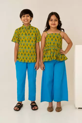 Mehendi green & olive green printed cotton co-ord set brother sister matching combo