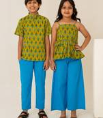 Mehendi green & olive green printed cotton co-ord set brother sister matching combo