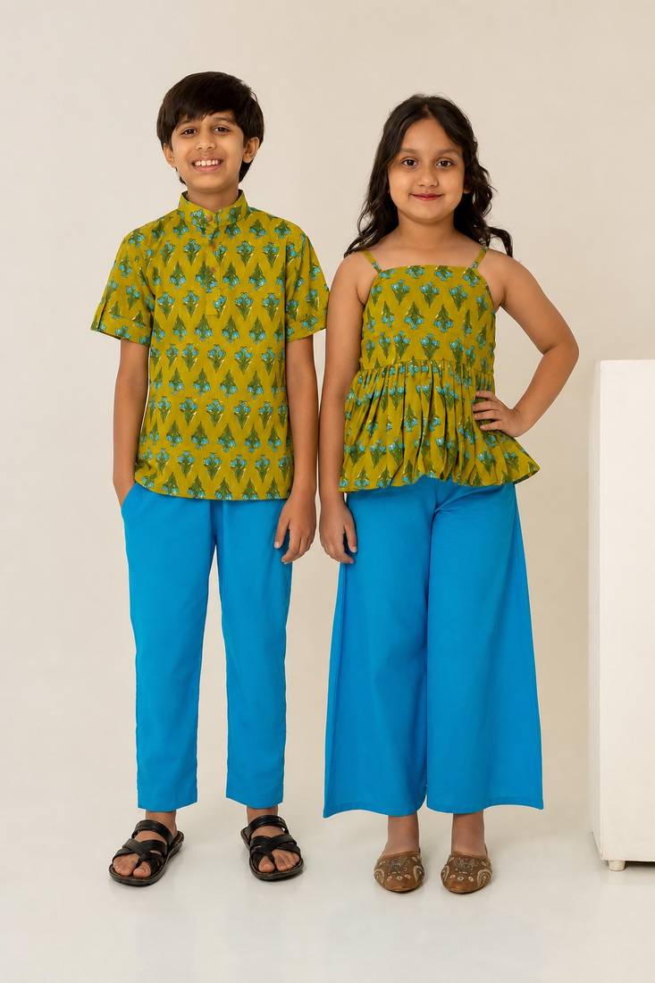 Mehendi green & olive green printed cotton co-ord set brother sister matching combo