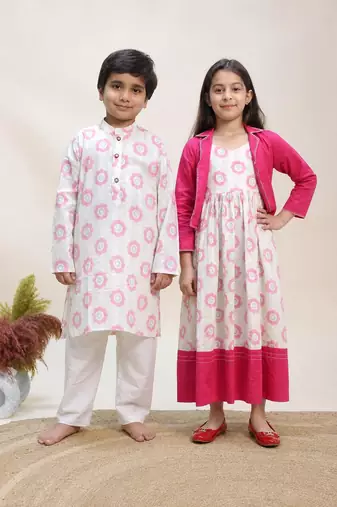Pink & white printed cotton dress & kurta pant brother sister matching combo