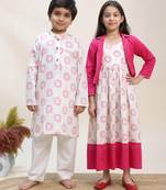 Pink & white printed cotton dress & kurta pant brother sister matching combo