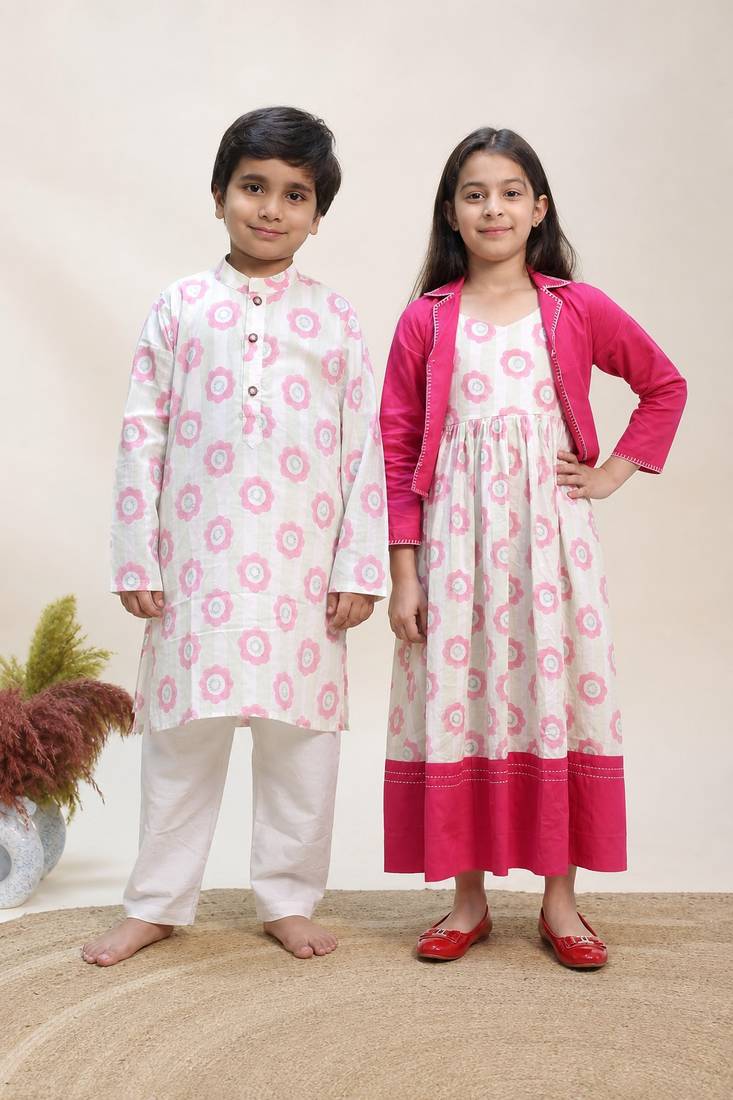 Pink & white printed cotton dress & kurta pant brother sister matching combo