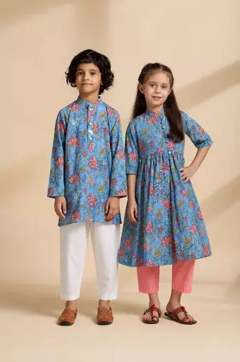 Blue printed cotton elbow sleeve kurta set & kurta pant brother sister matching combo