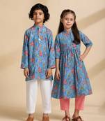 Blue printed cotton elbow sleeve kurta set & kurta pant brother sister matching combo