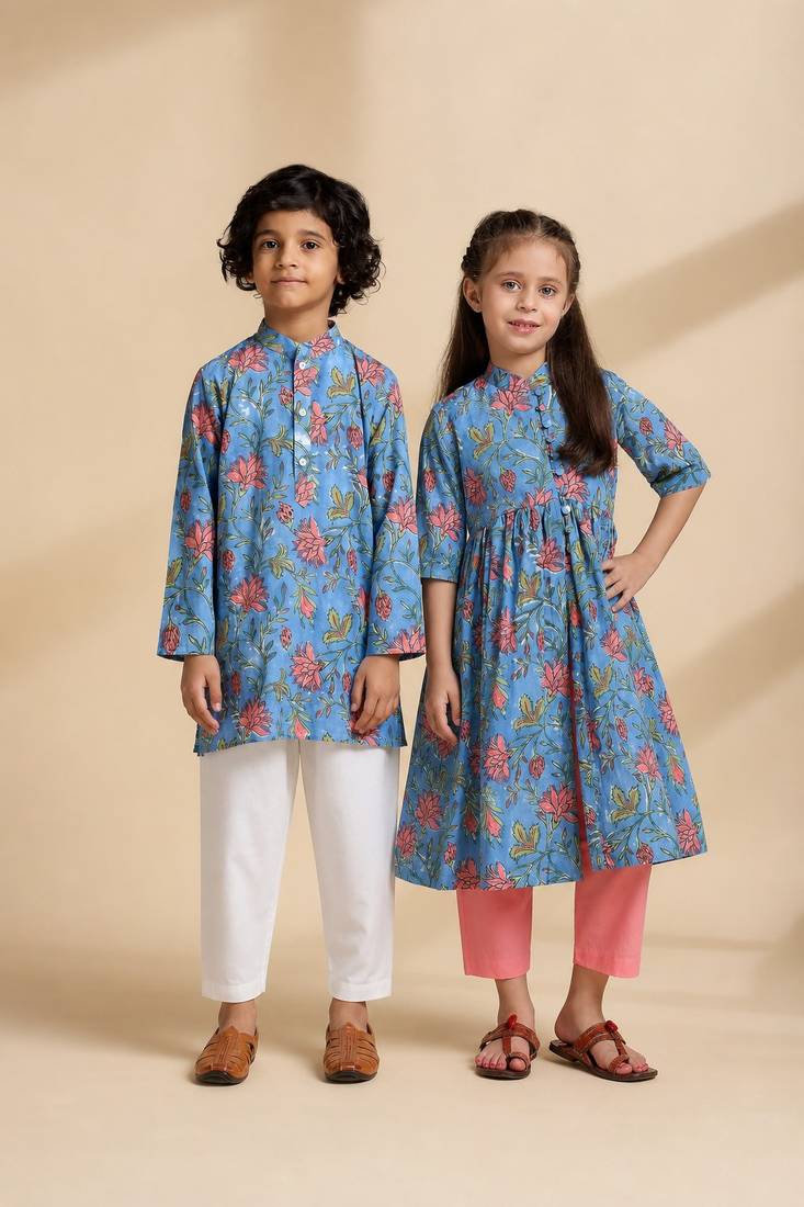 Blue printed cotton elbow sleeve kurta set & kurta pant brother sister matching combo
